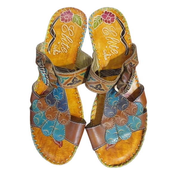 Elite Navajo Painted Leather Sandaks Bohemian Mosaic Open-Toe Mules Size 8 - Picture 2 of 11